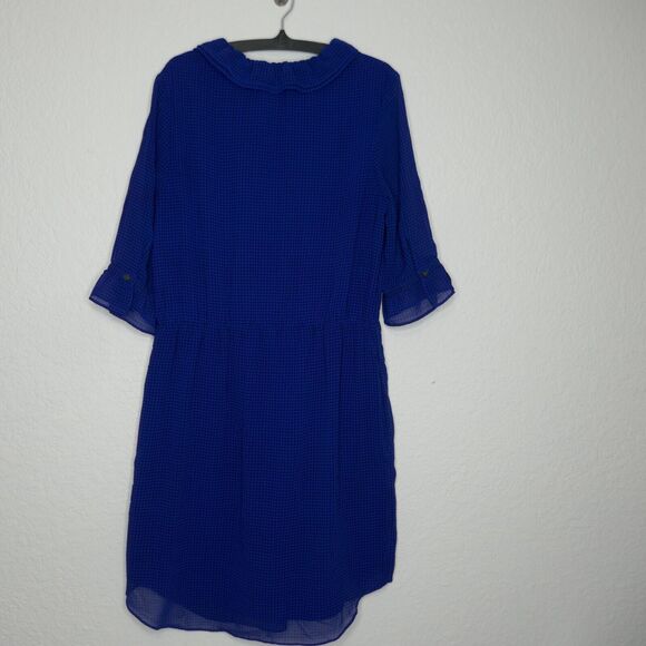 Banana Republic Fit Flare Dress Blue Houndstooth Short Sleeve Ruffle Tie Medium - Picture 1 of 7